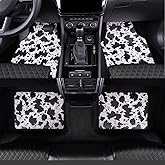 LSBS Car Floor Mat, Cow Print, All Weather Protection, Faux Leather, Universal Fit for Cars Truck Van and SUV for Women and Men (4 Piece,White-Black)