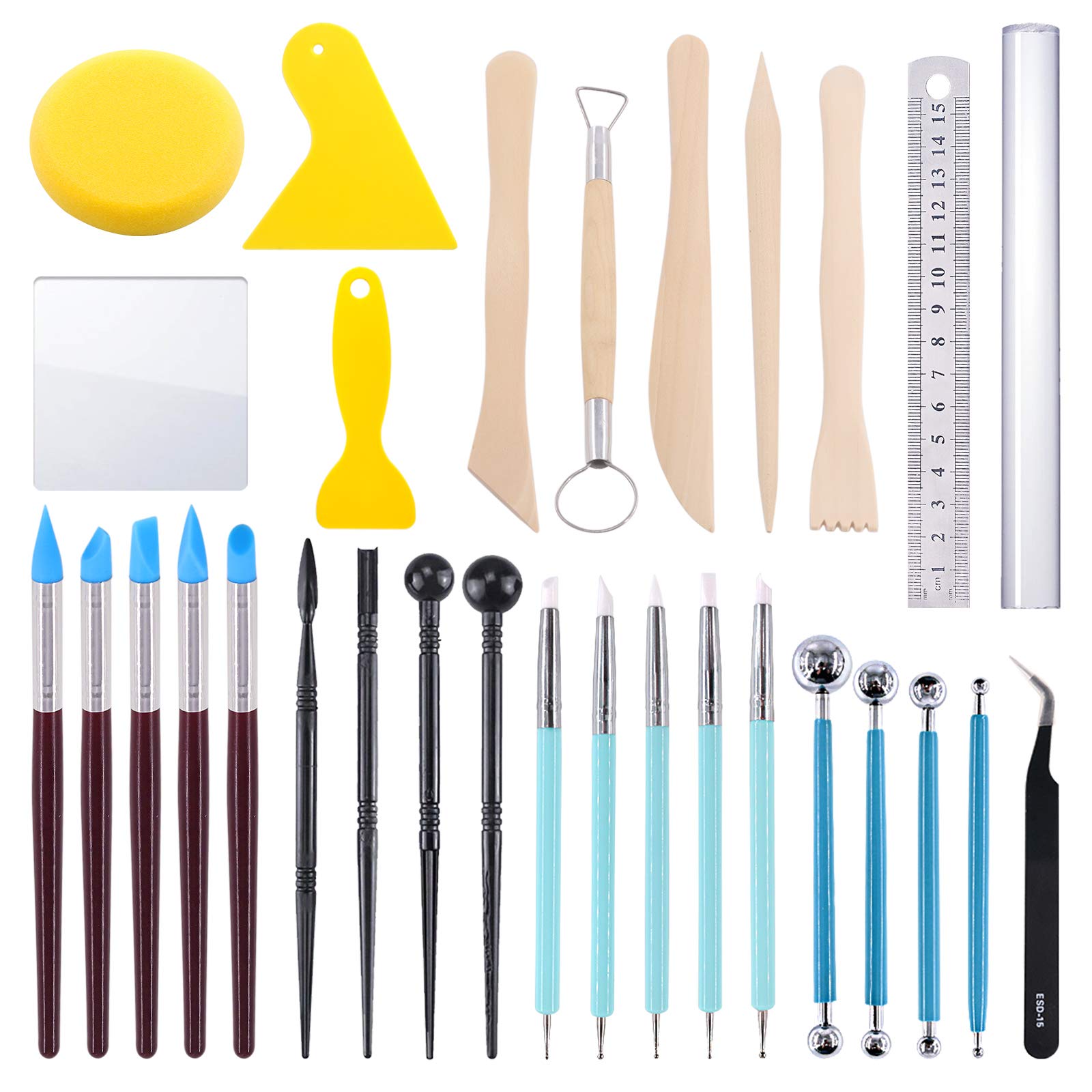 Swpeet 30Pcs Silicone Clay Sculpting Tool, Modeling Dotting Tool & Pottery Craft Ball Stylus Tool,Dotting Pottery Toolsfor Pottery Modeling, Smoothing Clay, Ceramics