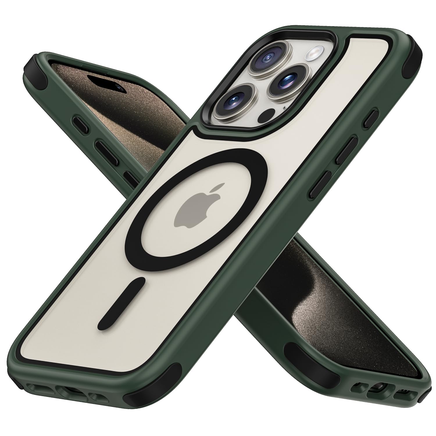 Mobnano for iPhone 15 Pro Case, Compatible with MagSafe, Crystal Clear Case with Magnetic Ring, Multicolor Protective Shockproof Bumpers, Not Yellowing Slim Cover for Men Women - Green/Black
