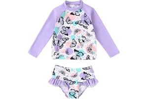 Kids Toddler Girls Swimsuit Long Sleeve Round Neck 2-Piece Bathing Suits with UPF 50+ Sun Protection 4-8T