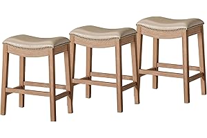 Maven Lane Adrien 26" Wood Counter Height Stool - Handcrafted Weathered Oak Finish with Avanti Bone Vegan Leather Upholstered Saddle Seat for Comfort - Barstool for Kitchens, Dining Rooms, Set of 3