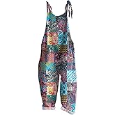 KMAZN Women's Cotton Casual Loose Bib Overalls Baggy Beach Rompers Bohemian Travel Vacation Clothes SZK