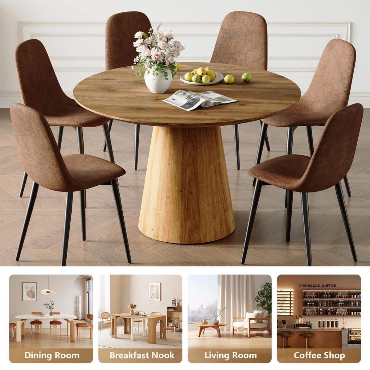 BAOPIN Round Dining Table Set For 6, 45''Round Wooden Dining Set With ...