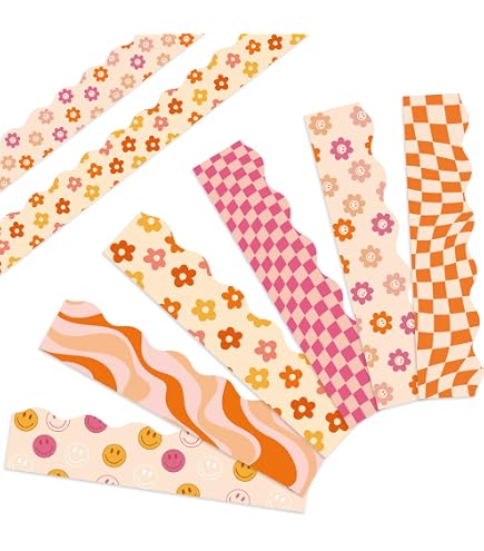 Whaline 32.8Ft Groovy Smile Daisy Flower Bulletin Board Borders Boho Retro Hippie Flower Happy Face Die-Cut Rolled Bulletin Board Trim For Back To School Classroom Office Chalkboard Decor