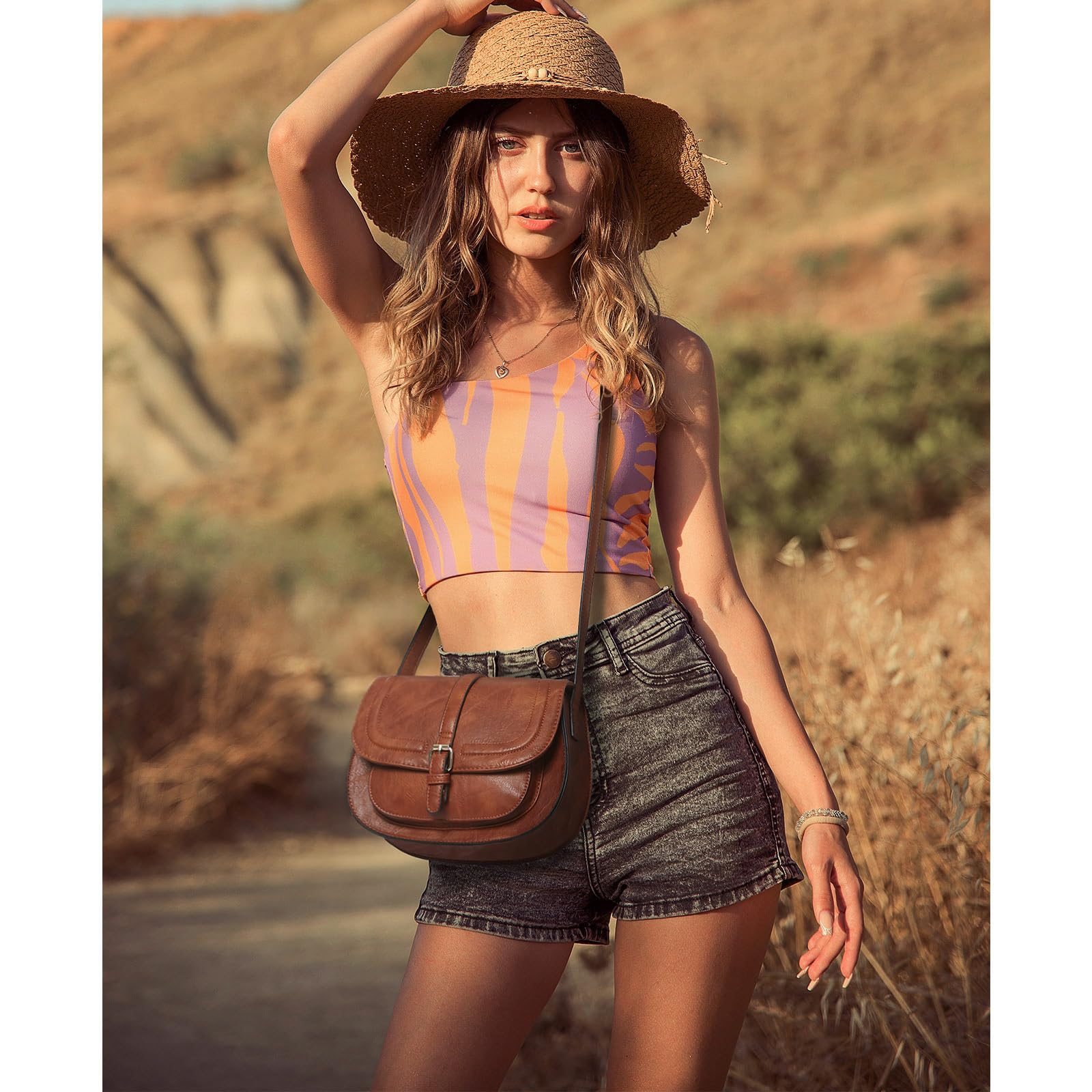 AFKOMST Crossbody Bags for Women,Small Saddle Purse and Boho Cross Body Handbags,Vegan Leather