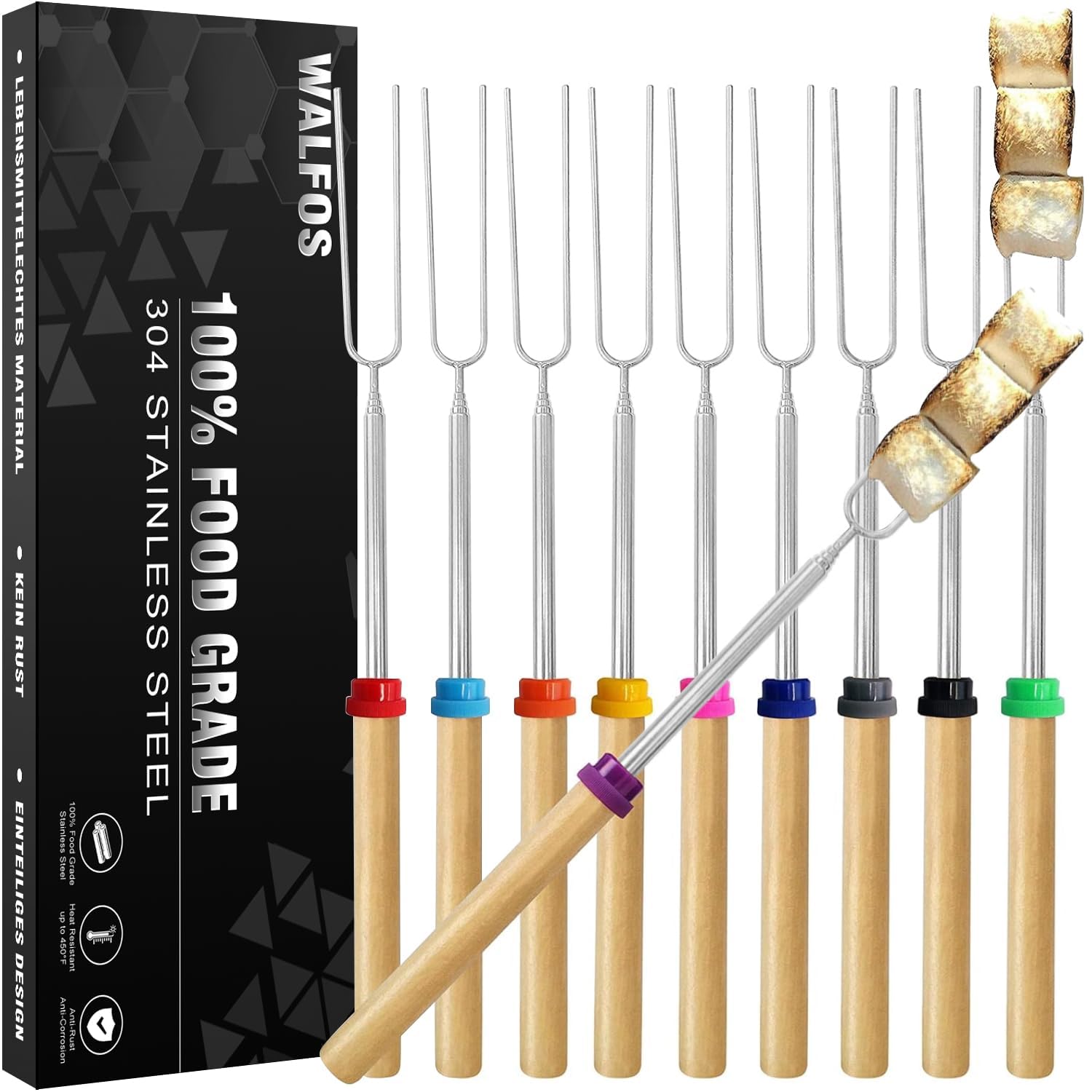WALFOS Marshmallow Toasting Forks, Telescoping Marshmallow Toasting Kits Sticks, BBQ Smores Skewers,Campfire Roasting Sticks & Hot Dog Forks, 10 PCS