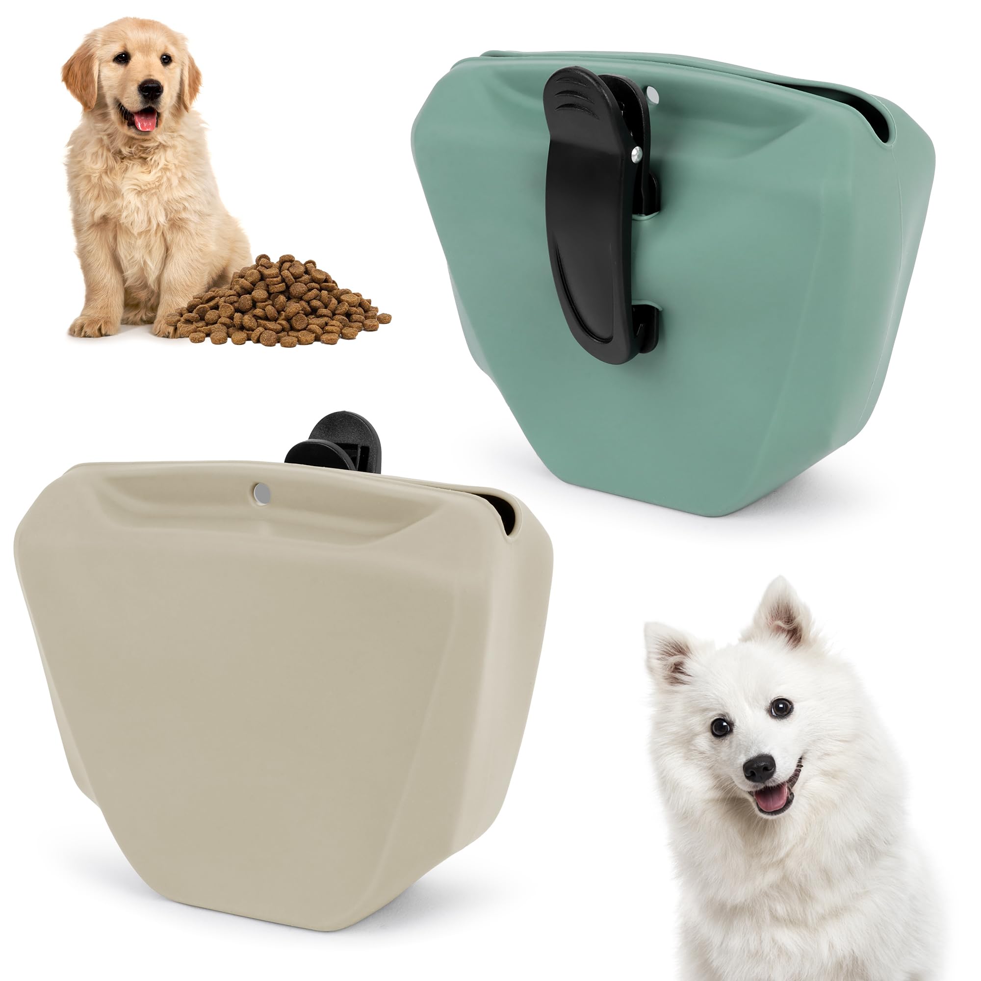 2PCS Silicone Dog Treat Pouch with Magnetic Buckle Closing and Waist Clip, Treat Bags for Dog Training, Portable Training Container for Outdoor Use (Grey and Green)