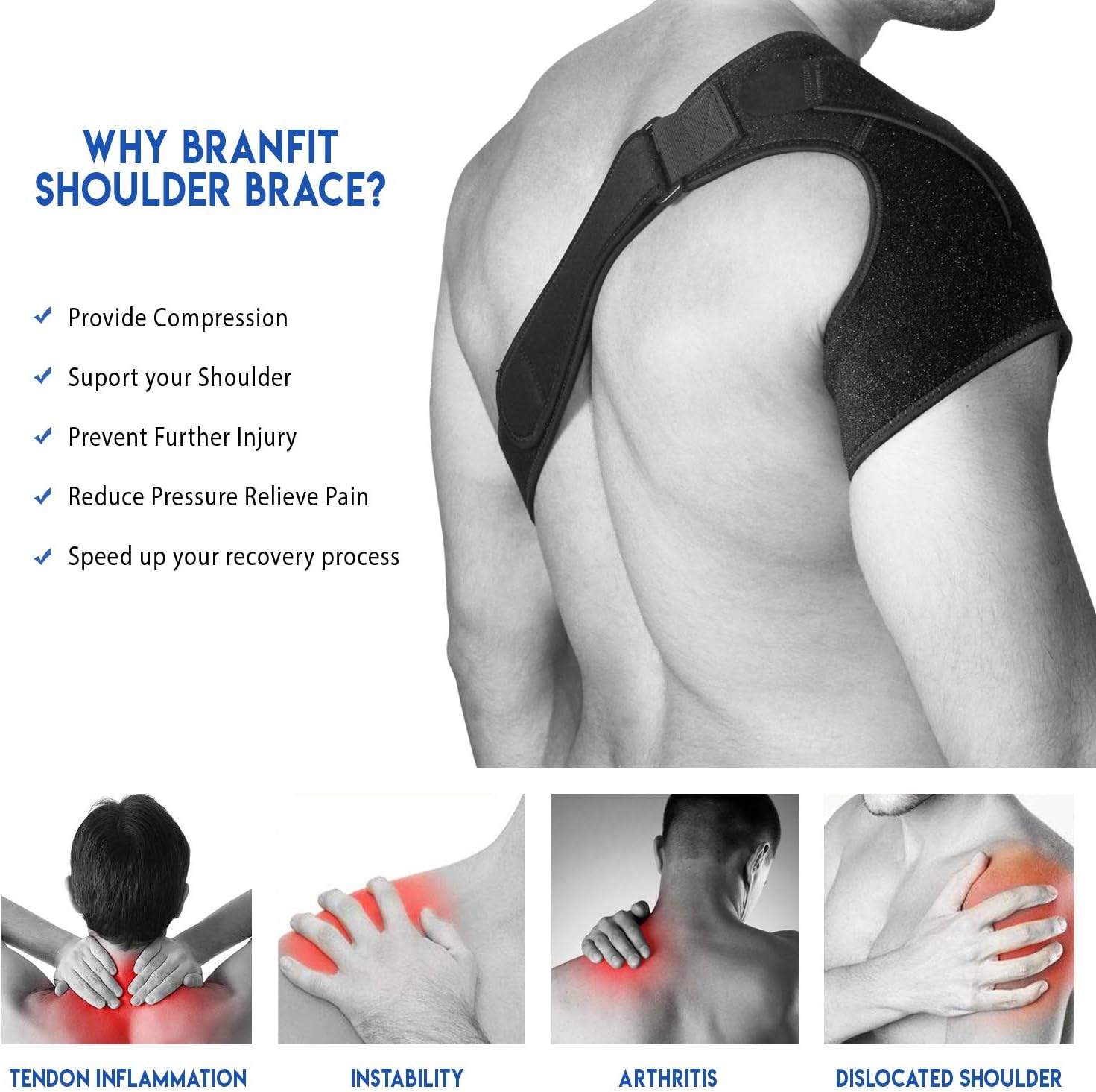 Shoulder Brace & Rotator Cuff Support Brace for Men & Women by BRANFIT, Shoulder Compression Sleeve with Pressure Pad is Ideal for Dislocated AC Joint, Labrum Tear & Frozen Shoulder Pain Relief: Health & Personal Care