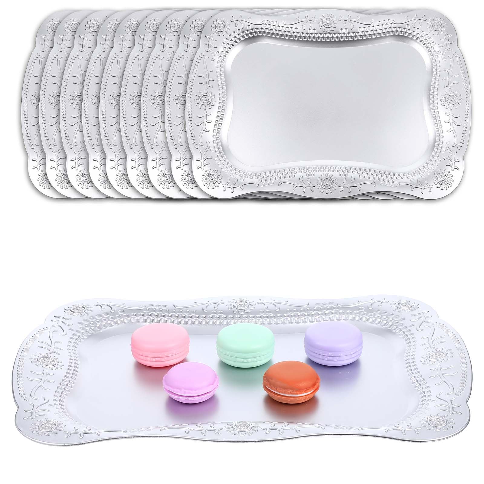 Photo 1 of 10 Pcs Plastic Serving Trays Rectangle Platters for Dessert Display Tray for Decoration Embossed Serving Platter Dish for Parties, Weddings, Engagements, Birthdays (13" x 9",Silver)