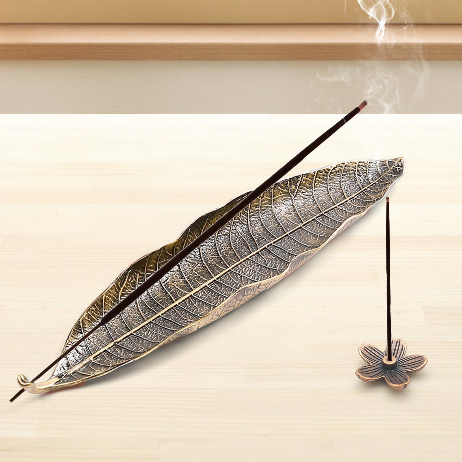 Incense Stick Holders Ash Catchers Bronze Alloy Leaf Incense Burner Plate with Flower Tray Small Size 8.6inch — image 1