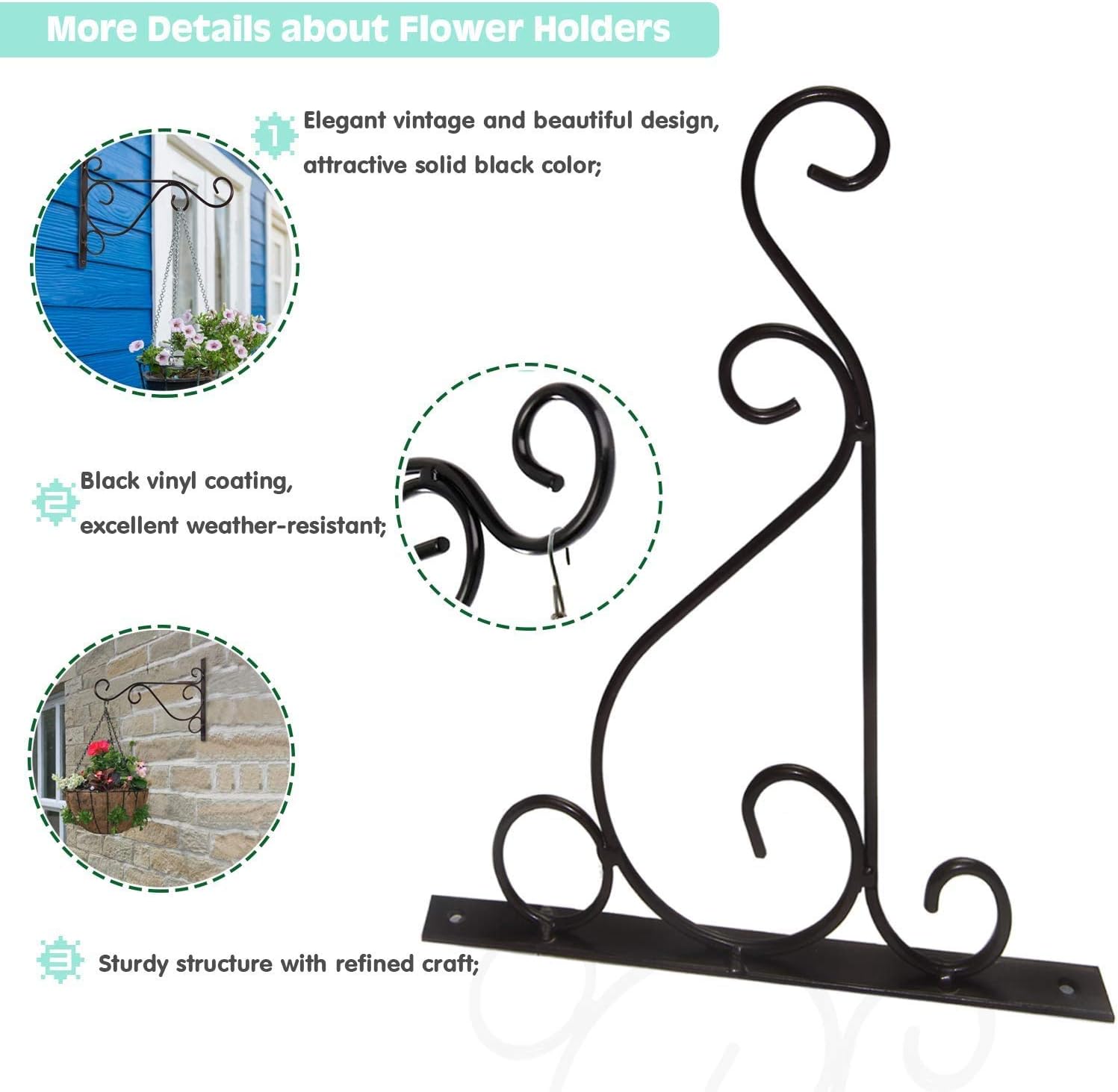 KSS 2Pcs Iron Plant Hanger Wall Hooks,Hanging Basket Brackets Wrought Iron Bracket for Lantern Planter Flower Hanger Fence (Black) - Image 5