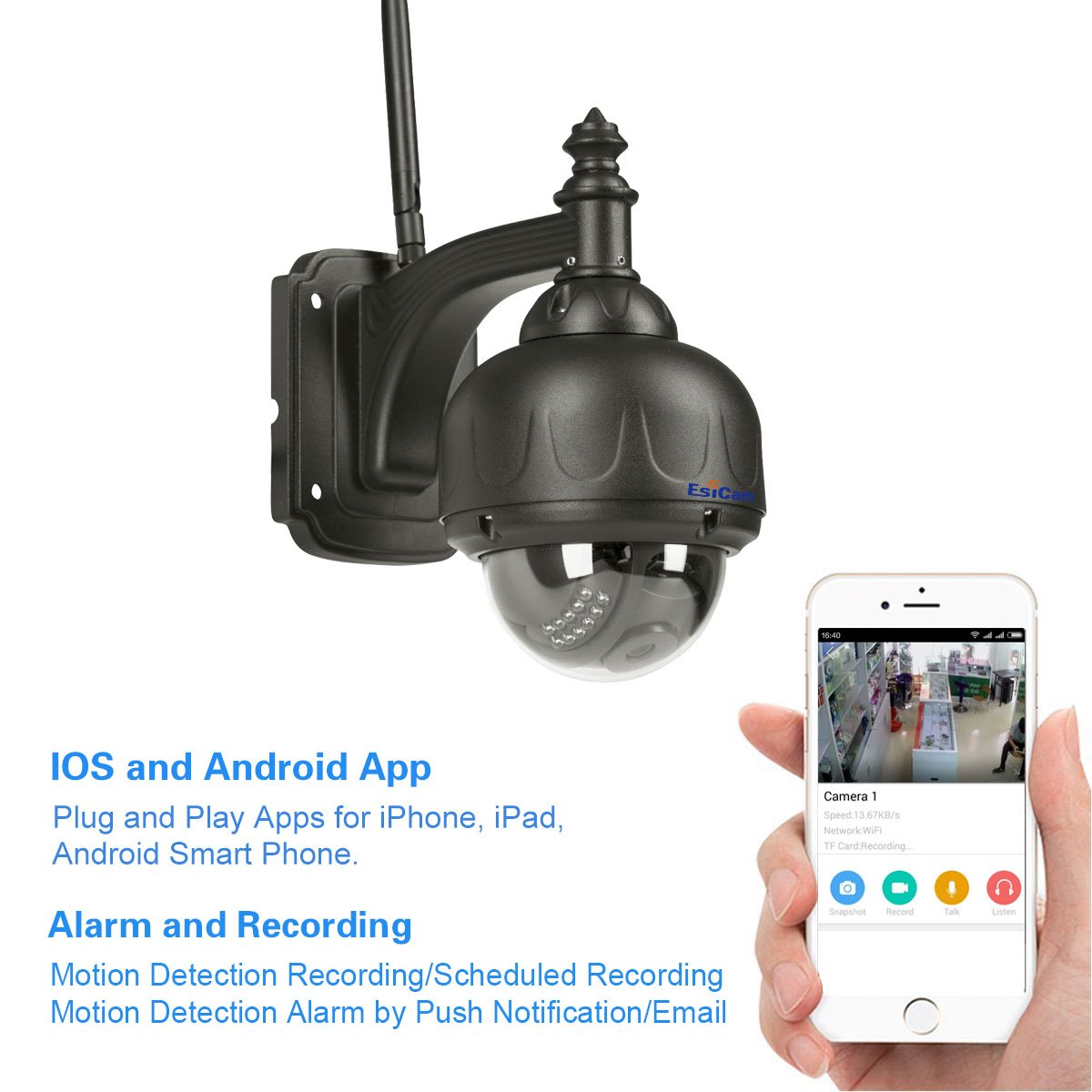 EsiCam OutDoor PTZ Dome Surveillance Camera WiFi 720P 3X Zoom 16G SD Card