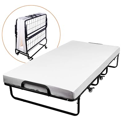 WAHFAY Metal Folding Bed with Mattress, Rollaway Guest Beds with 4&amp;#39;&amp;#39; Memory Foam Mattress, Portable Bed on Wheels for Office Room