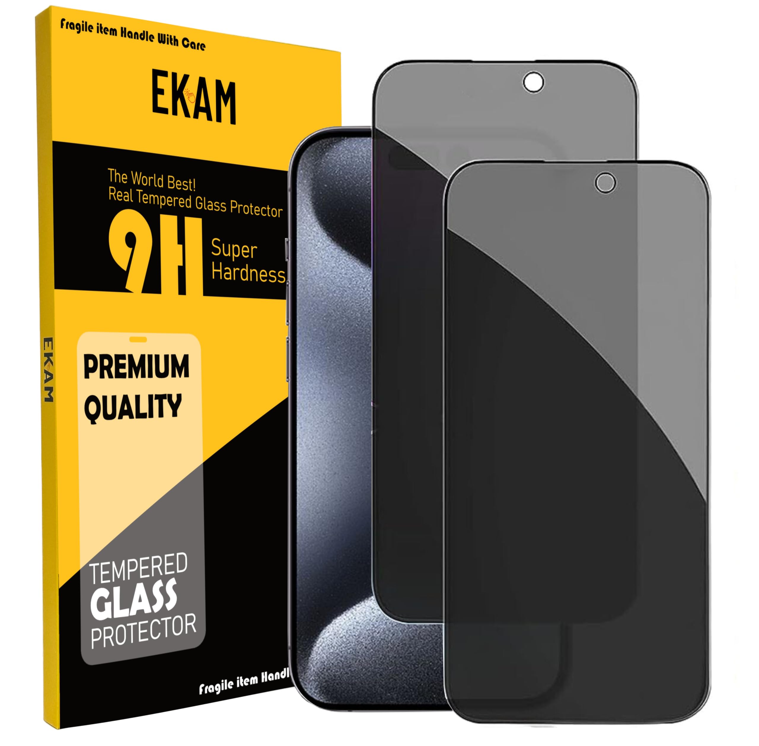 EKAM Privacy Screen Protector For iPhone 15 Pro, Anti Spy Tempered Glass [Bubble Free] [Case Friendly] Screen Protector for iPhone 15 Pro - 6.1 Inch [2 PACK]