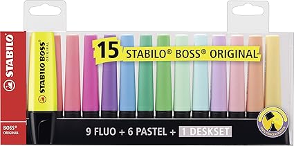 Evidenziatore Stabilo Boss Original Desk Set 15 Colori Assortiti 9 Neon 6 Pastel