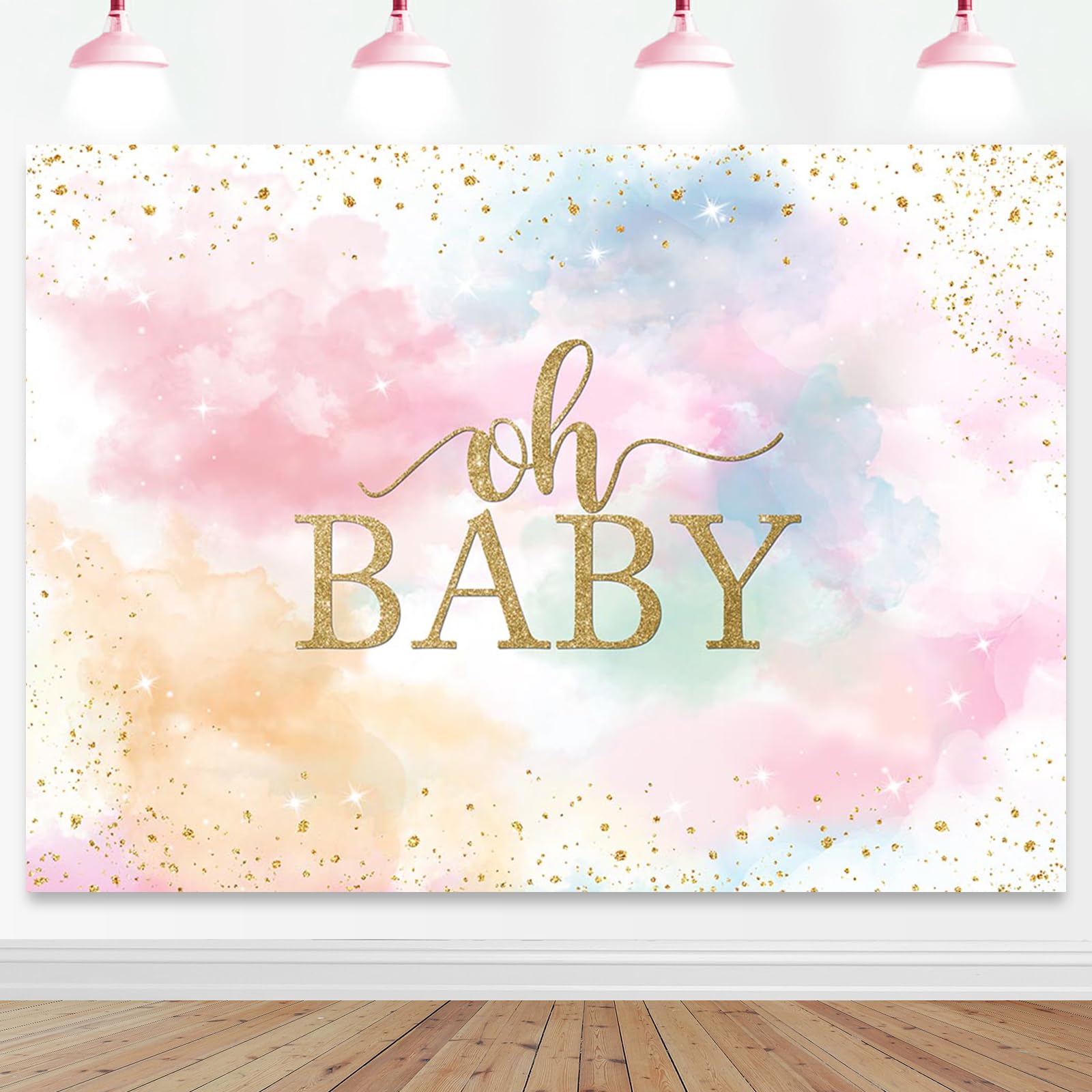 Photo 1 of Mocsicka Pastel Baby Girl Shower Backdrop - 7x5ft Colorful Cloud Rainbow Watercolor Decorations