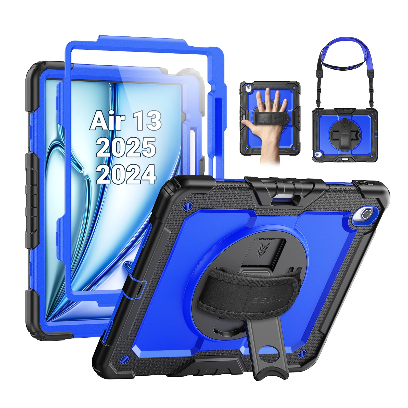 Photo 1 of SEYMAC for iPad Air 13 Inch Case M3 2025/ M2 2024, Heavy Duty Shockproof Protective Case with Screen Protector, 360° Rotating Stand, Hand/Shoulder Strap and Pen Holder for iPad Air 13, Blue