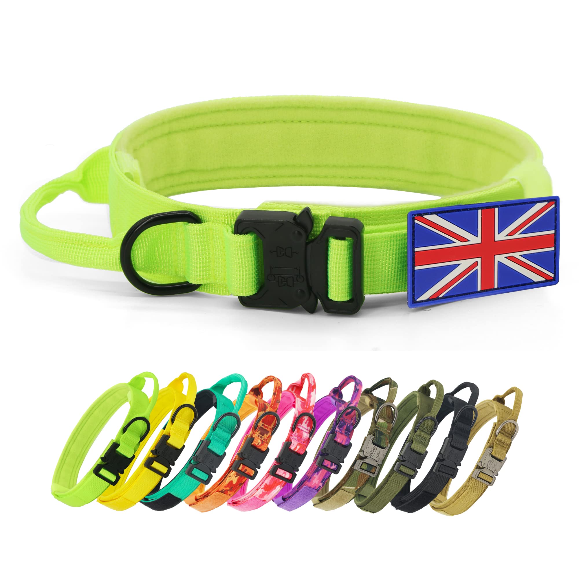 YoothBro Tactical Dog Collar with UK Flag Patch, K9 Military Nylon Collar with Heavy Duty Metal Buckle for Medium Large Dogs Fluo-green, L
