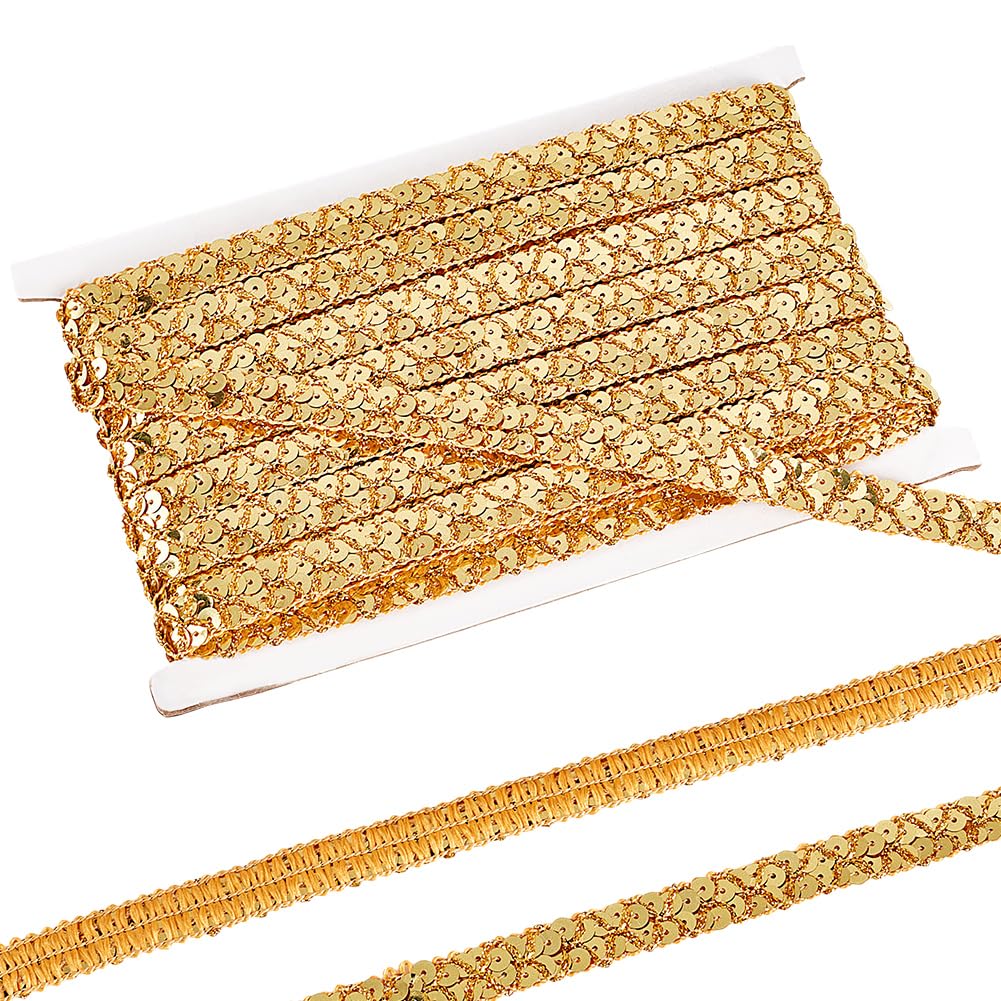 MAYJOYDIY 13m Sequin Lace Trim, 15mm Wide Light Gold Flat Round Paillette Ribbon, 2-Row Inelastic Bling Glitter Edge for Costume, Dancewear, Dress Making, Craft Embellishment
