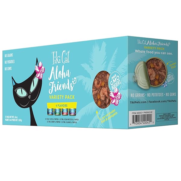 TIKI CAT ALOHA FRIENDS VARIETY PACK, SEAFOOD FLAVORS WITH PUMPKIN, WET, HIGH-PROTEIN & HIGH-MOISTURE CAT FOOD, FOR ALL LIFE STAGES, 3 OZ. CANS (PACK OF 12)