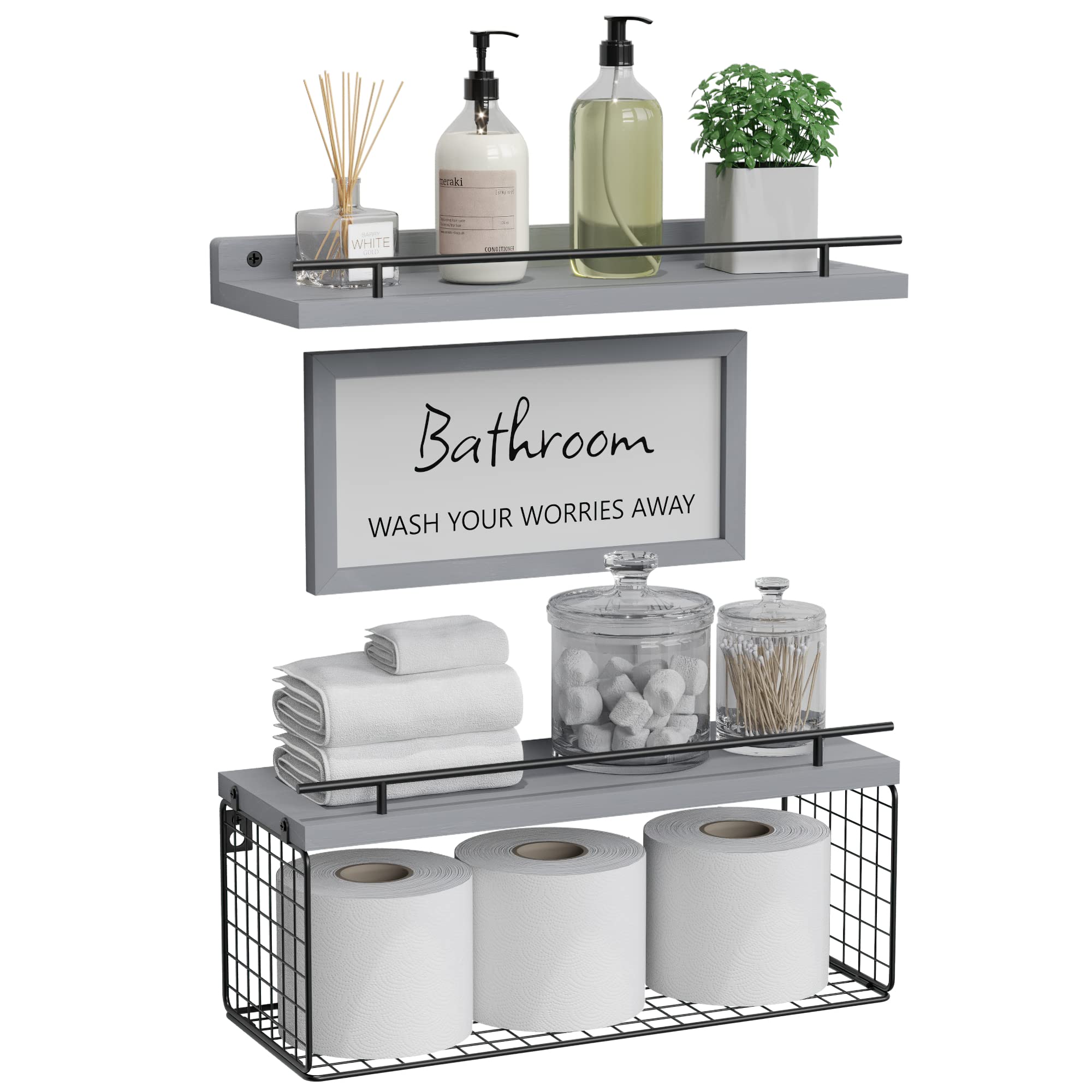 WOPITUES Floating Shelves for Wall Decor Sign, Bathroom Organizers and Storage, Bathroom Shelves Over Toilet with Metal Guardrail-Modern Grey