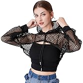 Women Mesh Crop Top Fishnet Hoodie Rave Tops Long Sleeve See Through Shirt for Festival Night Club