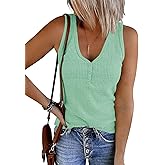 Women's V Neck Tank Tops Ribbed Sleeveless Henley Shirts Button Down T Shirts Slim Fit Tee Tops