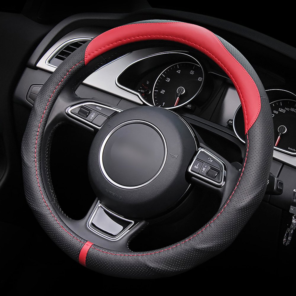 LOCEN Genuine Leather Steering Wheel Cover Universal Car Outer Diameter 38cm/15\