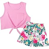 WISREMT Girls Short Sets - 2 Piece Crop Top and Shorts with Pockets for Kids Teens 8-14 Years, Summer Vacation Beach Outfits