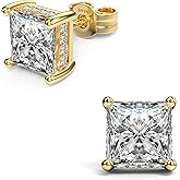 18K White Gold Plated Sterling Silver Princess Cut Cubic Zirconia Stud Earrings Square Simulated Diamond CZ Stud Earrings for Women Men Hypoallergenic