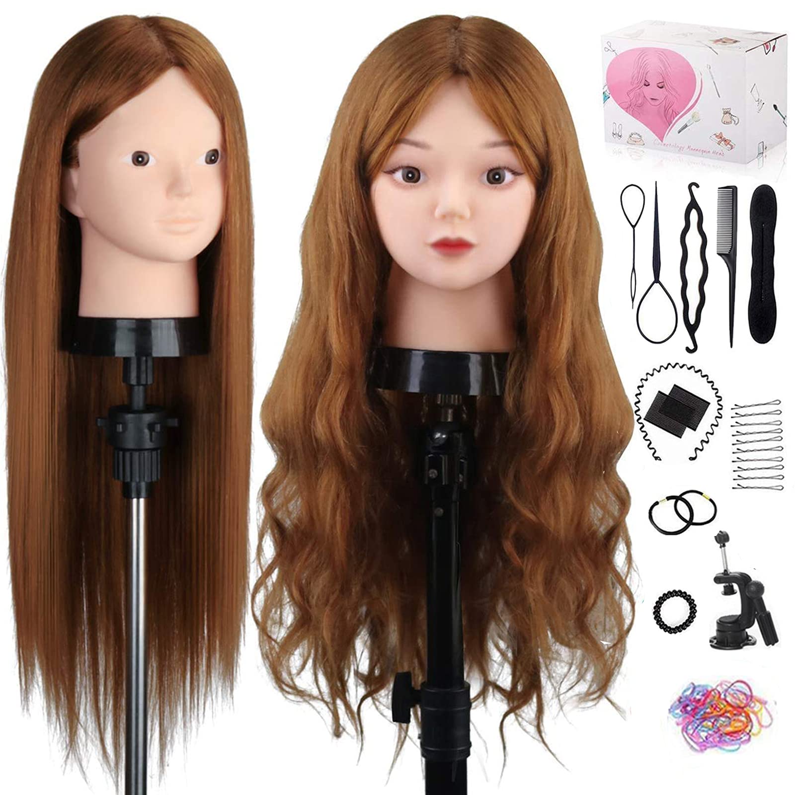 Photo 1 of Mannequin Head with 80% Human Hair, TopDirect 24" Brown Real Hair Cosmetology Mannequin Head Hair Styling Hairdressing Practice Training Doll Heads with Clamp Holder and Tools