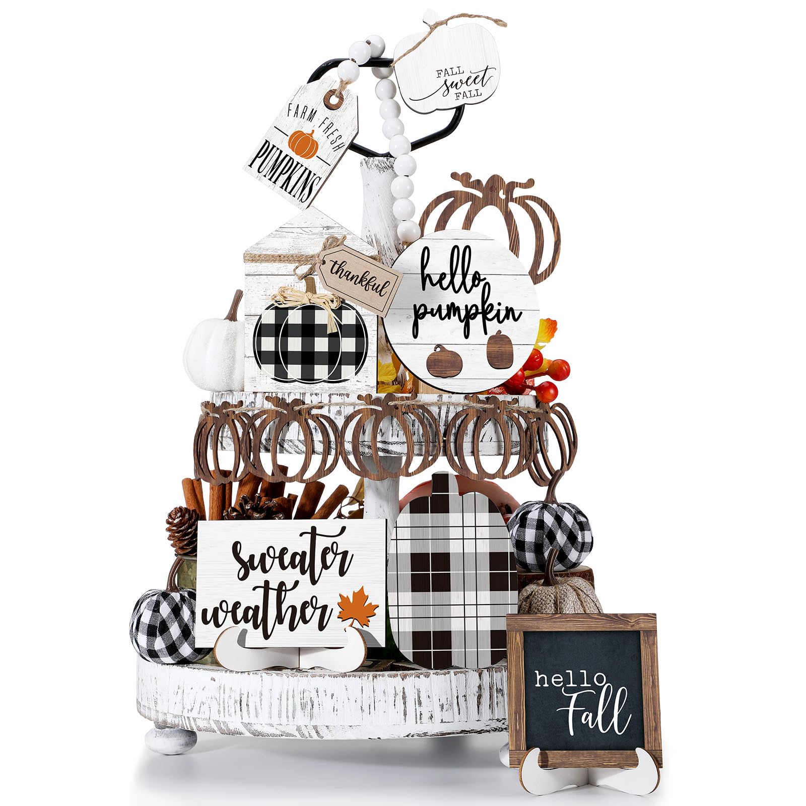 Photo 1 of Reallnaive 18 Pcs Fall Thanksgiving Tiered Tray Decor Set Pumpkin Leaf Buffalo Plaid Wood Sign Hello Fall Rustic Farmhouse Tray Decoration Tabletop Sign for Autumn Home Kitchen Festival(Vintage Plaid)