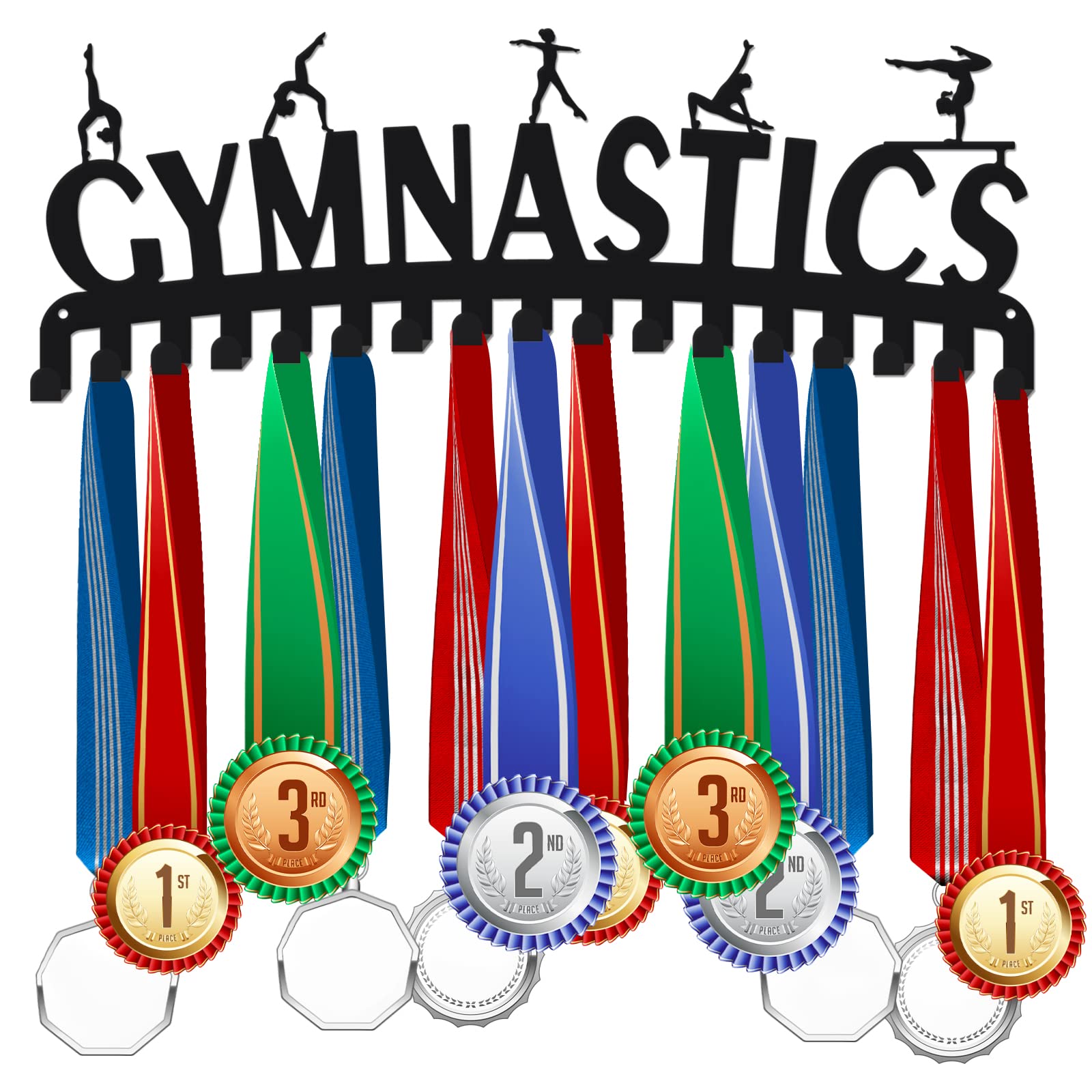 SUPERDANT Gymnastics Medal Hangers Sports Medal Holder for Wall Personalised Gymnast Medals Display Wall Mounted with 17 Hooks for 60+ Medals Rack Gymnastics Girl Gifts 40x15cm