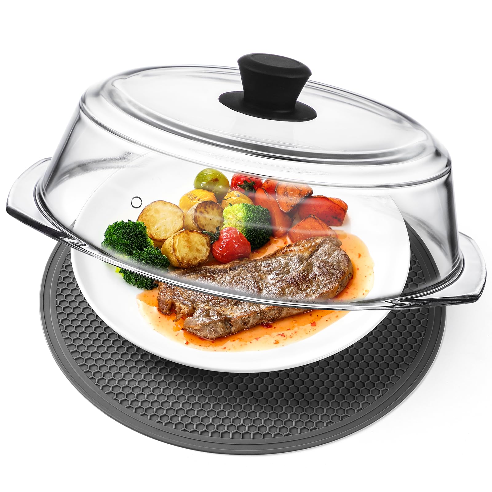 Photo 1 of 2 in 1, Tall Glass Microwave Splatter Cover for Food & Microwave Place Mat, Plate Splatter Guard Lid with Silicone Handle Knob, Cookware & Bakeware Serving Dish Cover, Food Grade, No Plastic, 10in