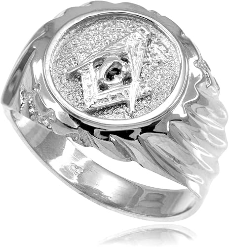 Men S Polished 925 Sterling Silver Round Top Freemason Square And Compass Masonic Ring Amazon Com