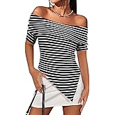 Hubery Women's Off Shoulder Short Sleeve Asymmetrical Hem Ribbed Tee Slim Fitted Striped Tops Summer Sexy Tees Shirts