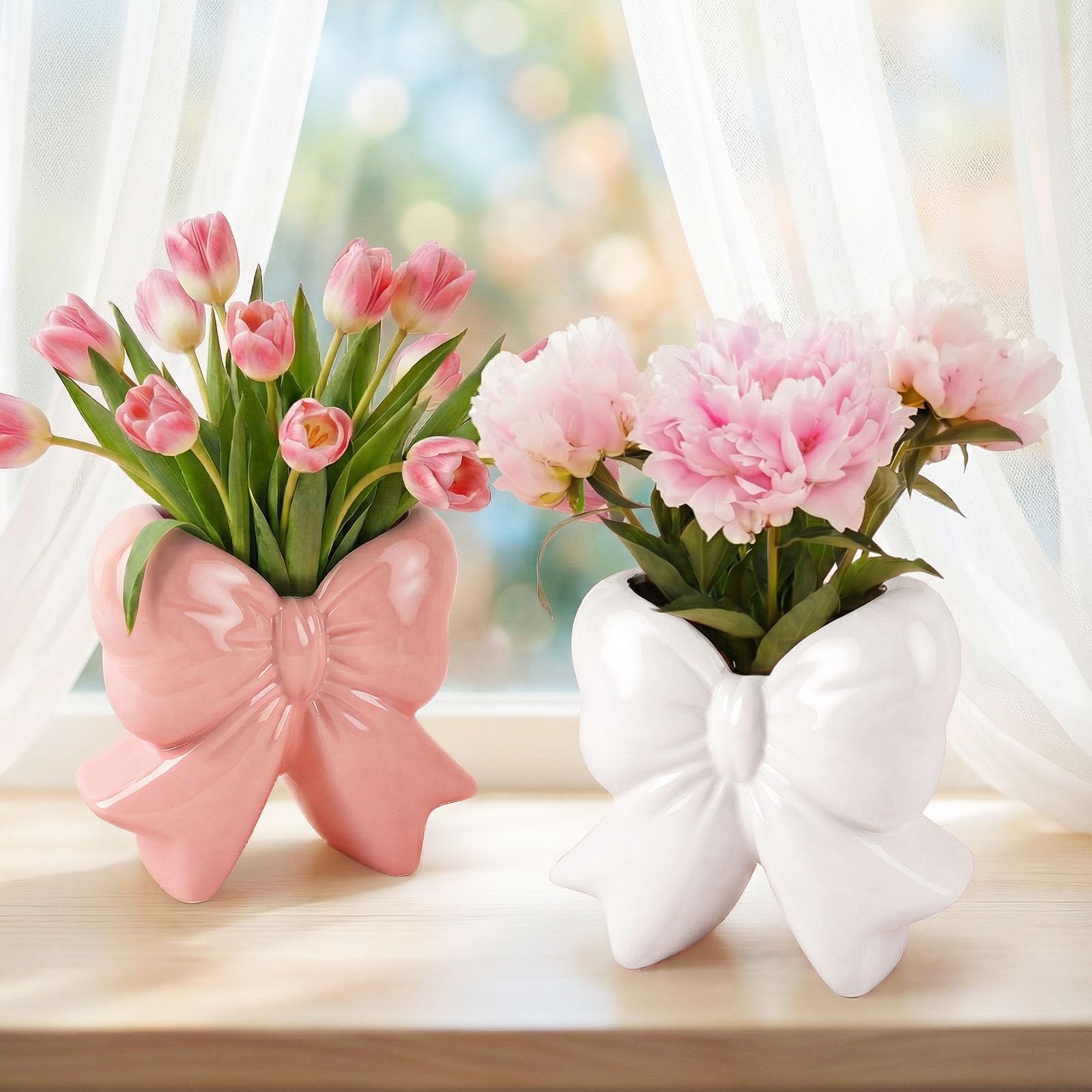 Photo 1 of 2 Pcs Pink Bow Vase Ceramic Vase Pink and White Vase Makeup Brush Pen Holder Valentine's Day Gifts Women Gift for Wedding Home Office Shelf Table Room (Pink Bow)