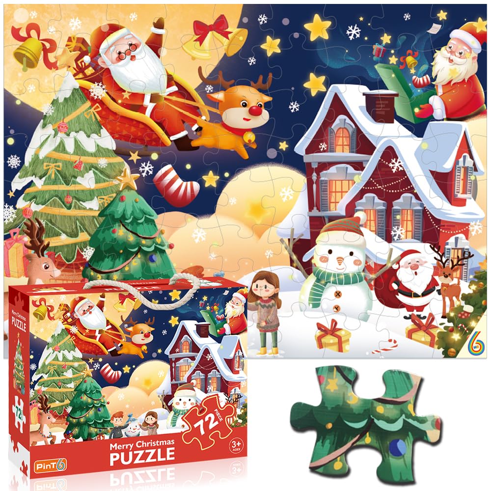 Merry Christmas Jigsaw Puzzle for Kids Ages 3-5 4-8 Year Old and Up，Jumbo 72 Piece Puzzle Fancy Toddler Learn Educational Toys Gift Box