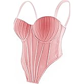 ELLACCI Women's Sheer Mesh Corset Top with Pleated Cups for Party Daily Wear Bustier Pink