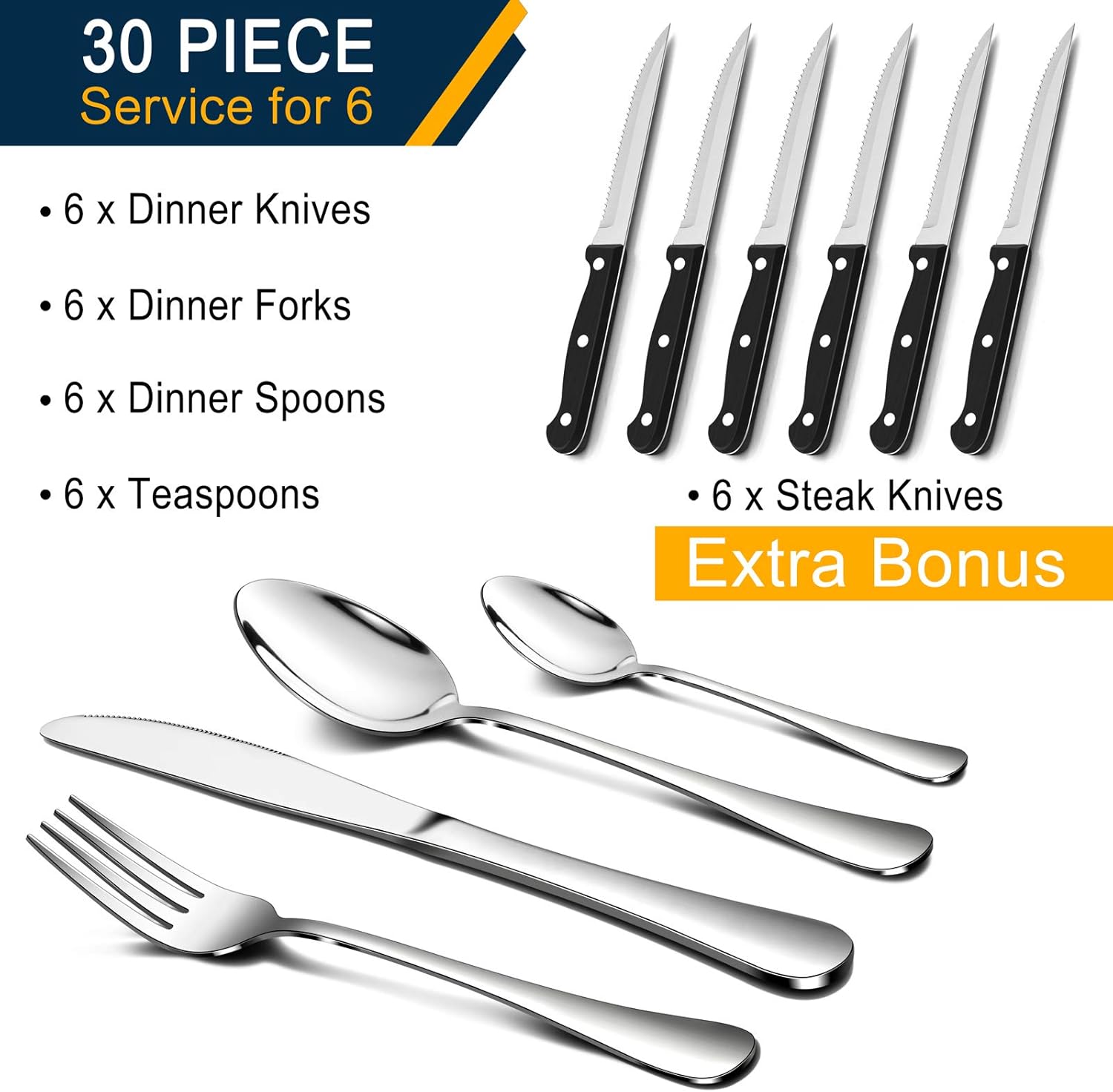 24 Piece Cutlery Sets with 6 Piece Steak Knives, Homikit Stainless Steel 30-Piece Silver Cutlery Flatware Set - Image 3