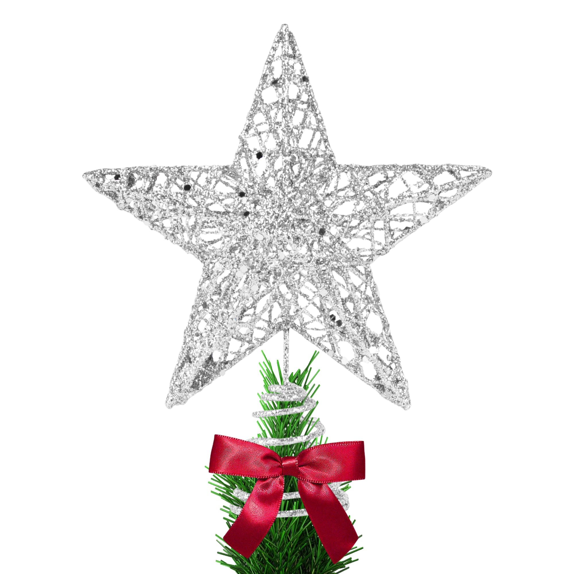 KEYIDO Christmas Tree Topper, Silver 3D Hollow Glitter Tree Star, 8 Inch Metal Christmas Treetop Star for Xmas Tree Topper Ornaments Christmas Home Decorations