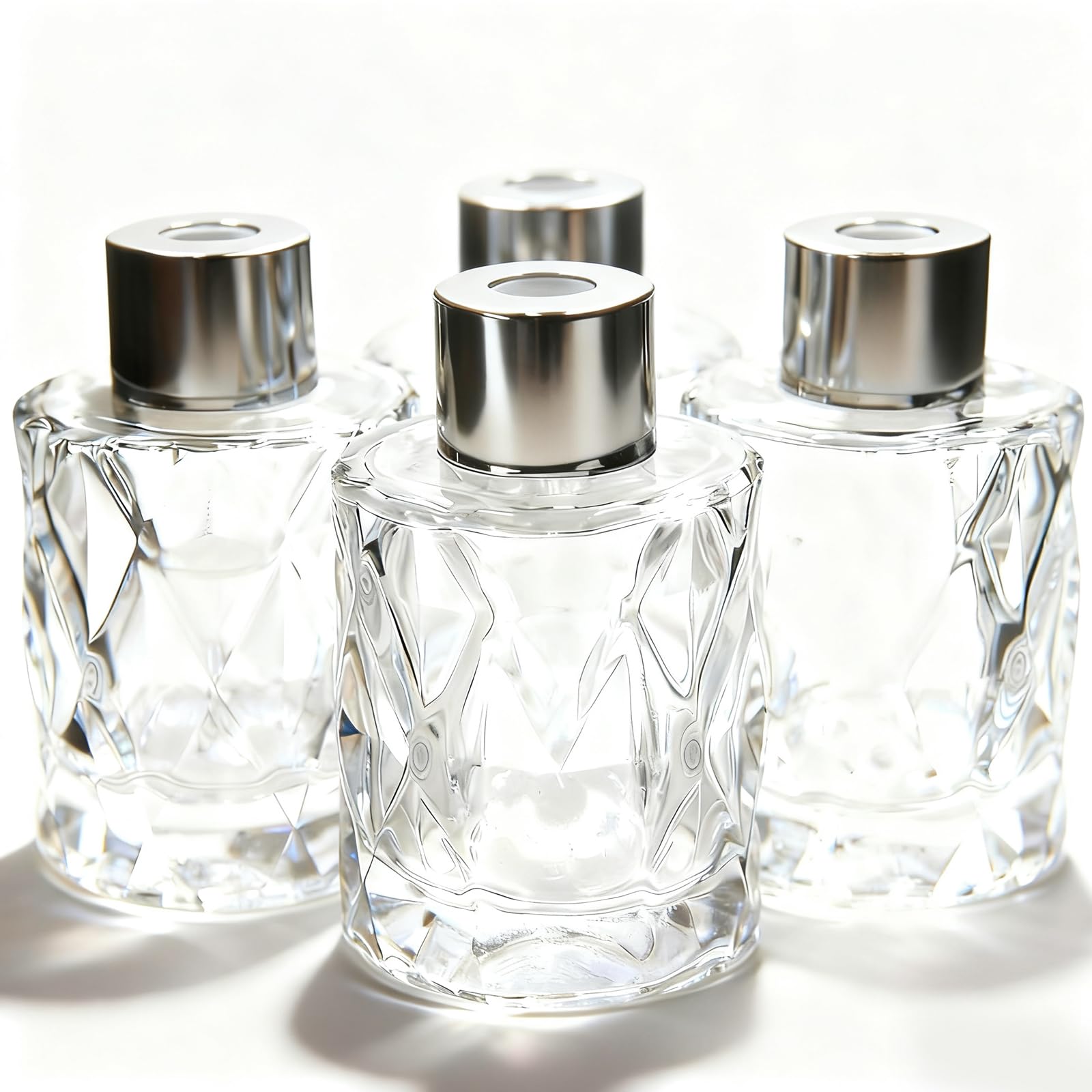 Frandy House Pack of 4 Glass Diffuser Bottles Essential Oil Fragrance Reed Holders Round 50ml 1.7 fl oz Elegant diamond design Premium Quality