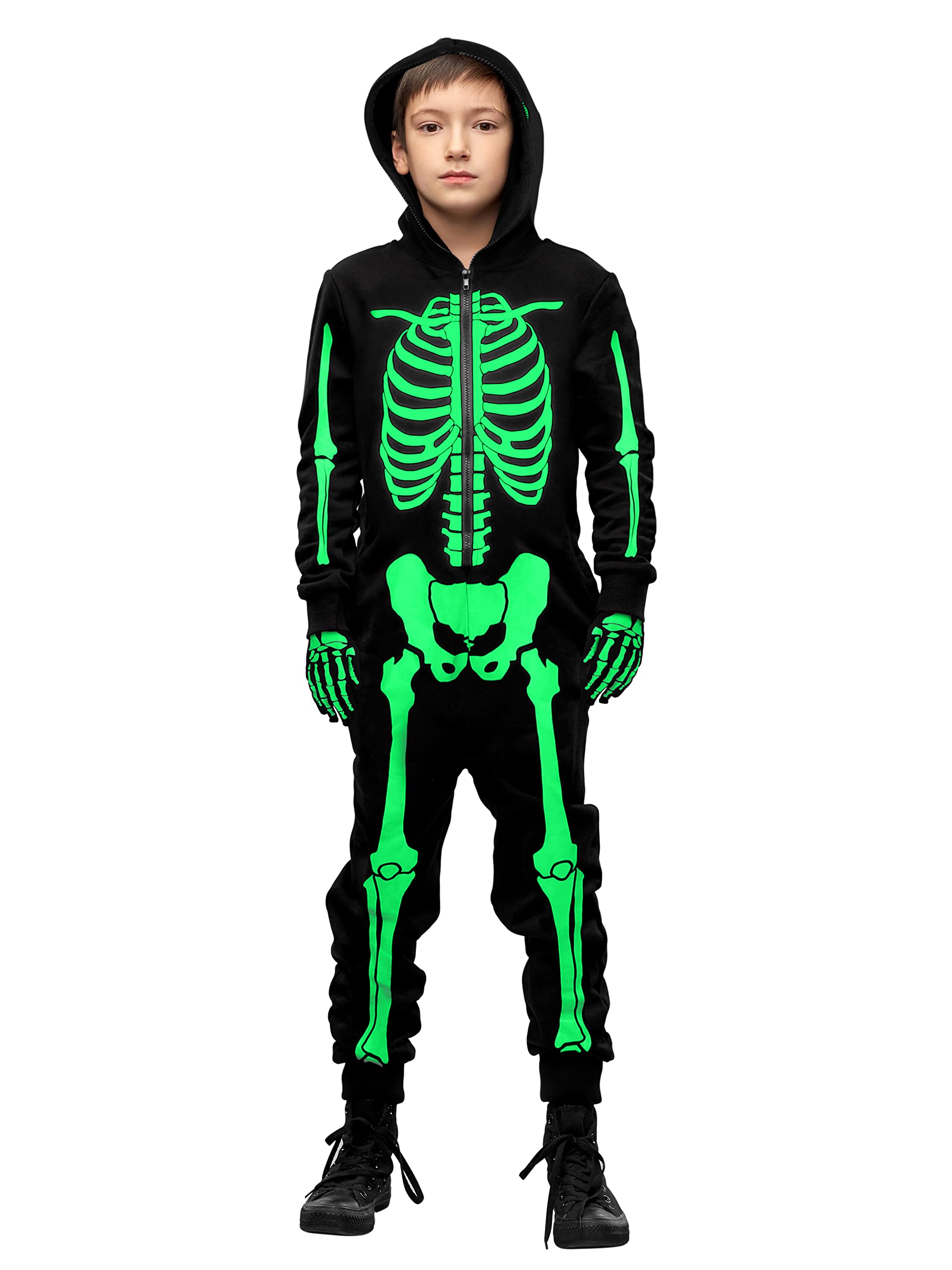 Photo 1 of SOMSOC Halloween Kids Skeleton Onesie Costume Halloween Glowing Boys Gloves Glow In the Dark Skeleton Jumpsuit Black