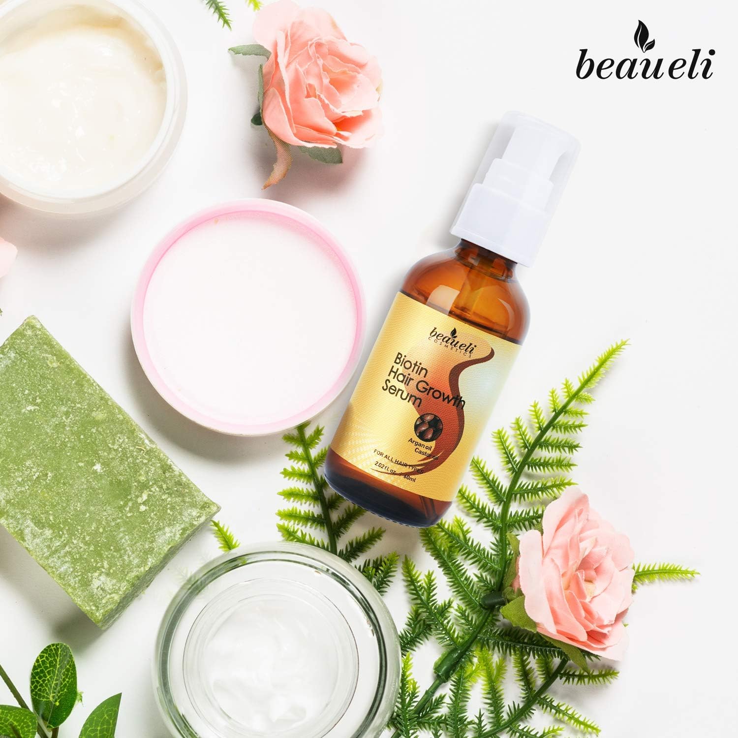 Biotin Hair Growth Serum with Castor Oil, Argan Oil - Hair Loss Prevention Treatment with fine thinning hair Formula to Help Grow Healthy Thicker Strong Hair for Men & Women By Beaueli: Sports & Outdoors