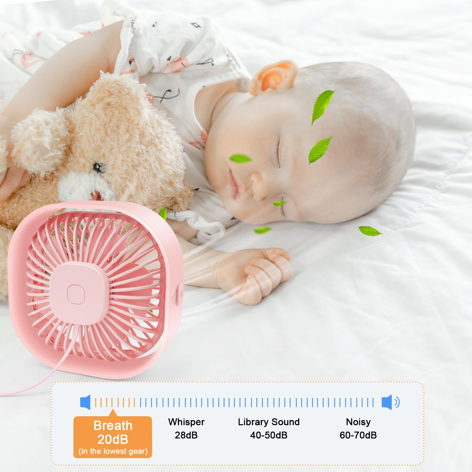 BSVI Desk Fan Portable Personal Desktop Mini Cooling Micro with Cable USB Powered 3 Speeds Quiet Small Table Fan for Home Office Study reading Bedroom Indoor Car Outdoor Travel (Pink)