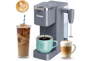 Tastyle Single Serve Coffee Maker with Built-in Detachable Milk Frother, Iced and Hot Coffee Machine for K Cup & Grounds, 40oz Removable Water Reservoir, 6 Cup Sizes, Fits 7.3" Travel Mug, Gray