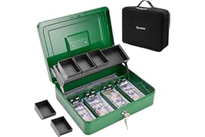 Polspag Cash Box with Bag, Metal Money Box with Money Tray, Large Locking Cash Boxes with Lock, Deluxe Lock Safe Box, Portable Cash Box with Adjustable Coin Box, 4 Bill 5 Coin Slots, 2 Keys, Green