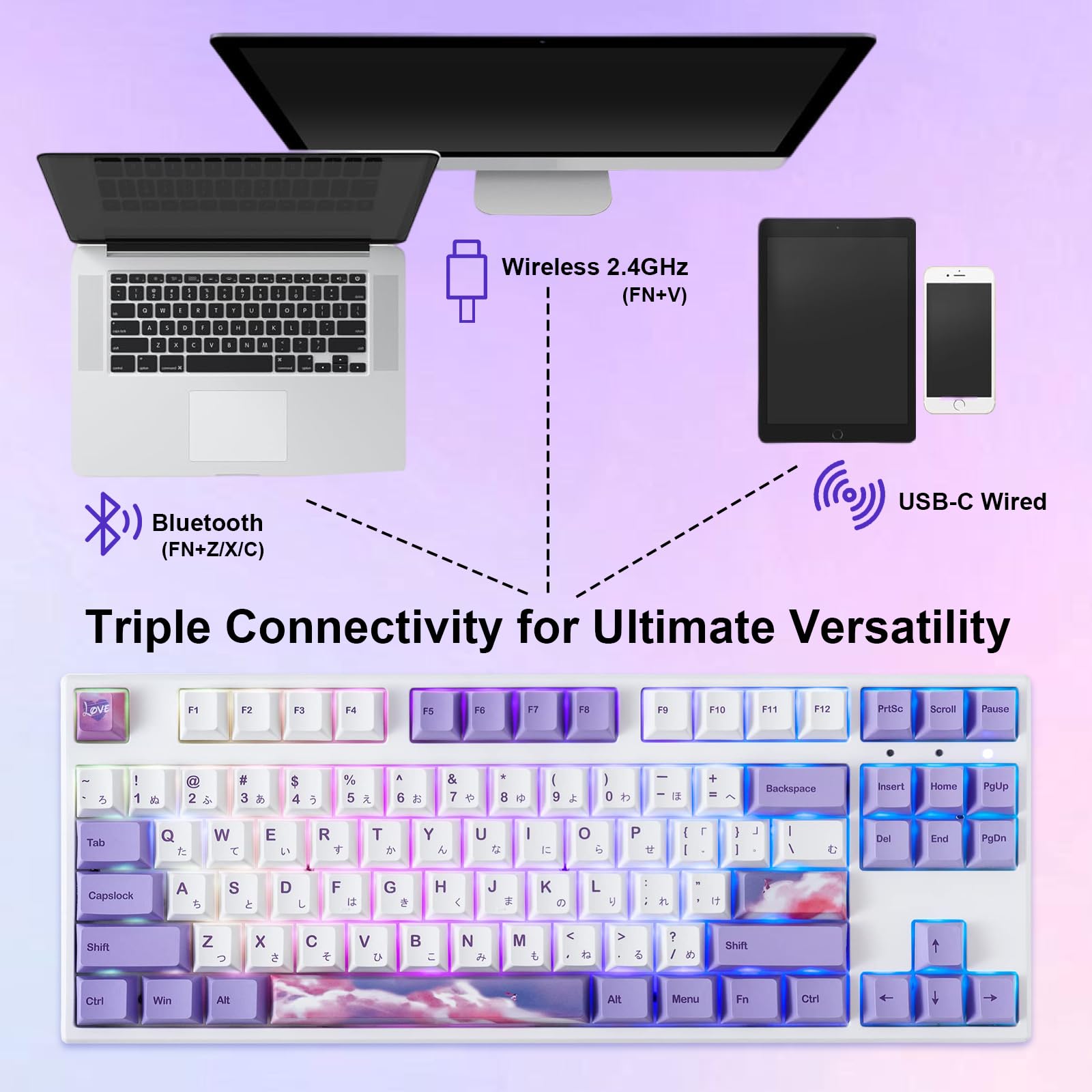 BOYI 87 Keys Wireless RGB Gasket Mechanical Keyboard,Hot Swappable 80% Compact TKL Layout Programmable BT5.0/2.4G/Wired,N-Key Rollover Gateron Yellow Switch Custom Purple Keyboard for PC Gamers Office