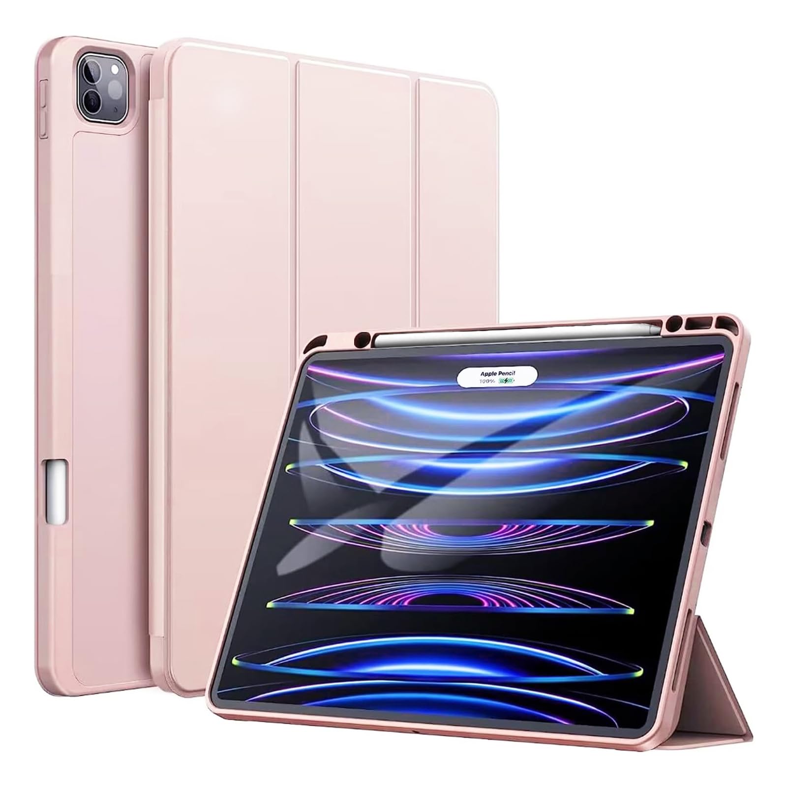 FANSONG Case for iPad Air 13 inch(M4/M3/M2,2026/2025/2024),iPad Pro 12.9 inch(6th/5th/4th/3rd Gen,2022/2021/2020/2018) with Pencil Holder,Soft TPU Back Trifold Stand,Smart Auto Sleep/Wake,Baby Pink