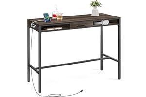 VASAGLE Bar Table with Power Outlets, 47.2 Inches Long Bar Height Pub Table, Rectangular High Top, with Movable Drawer, 2 Hooks, Narrow Storage for Kitchen, Dining, Entryway, Ash Brown